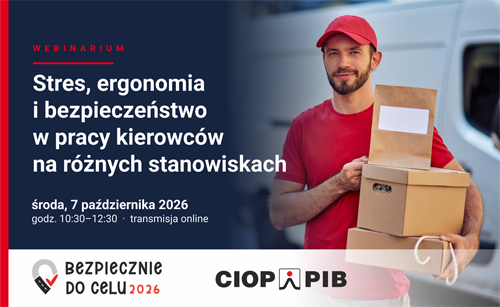 Baner informujący o webinarium online dotyczącym stresu oraz ergonomi i bezpieczeństwa w pracy kierowców